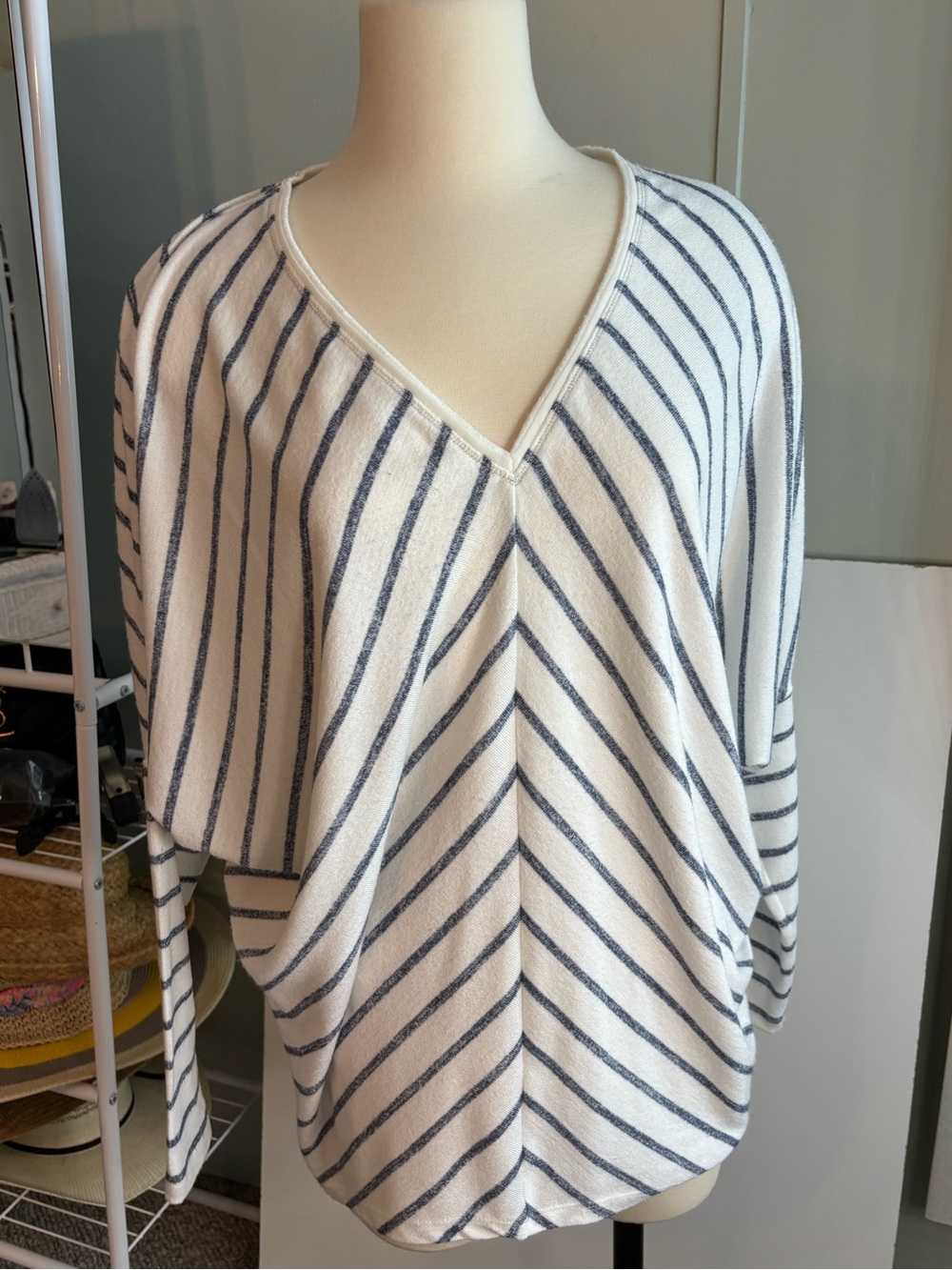White House Black Market White & Navy Striped V-Neck Sweater